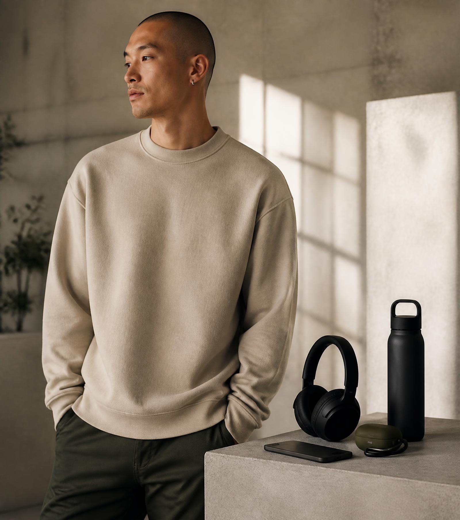Model in an oversized sand crewneck beside matte black audio gear and a steel bottle in a concrete studio