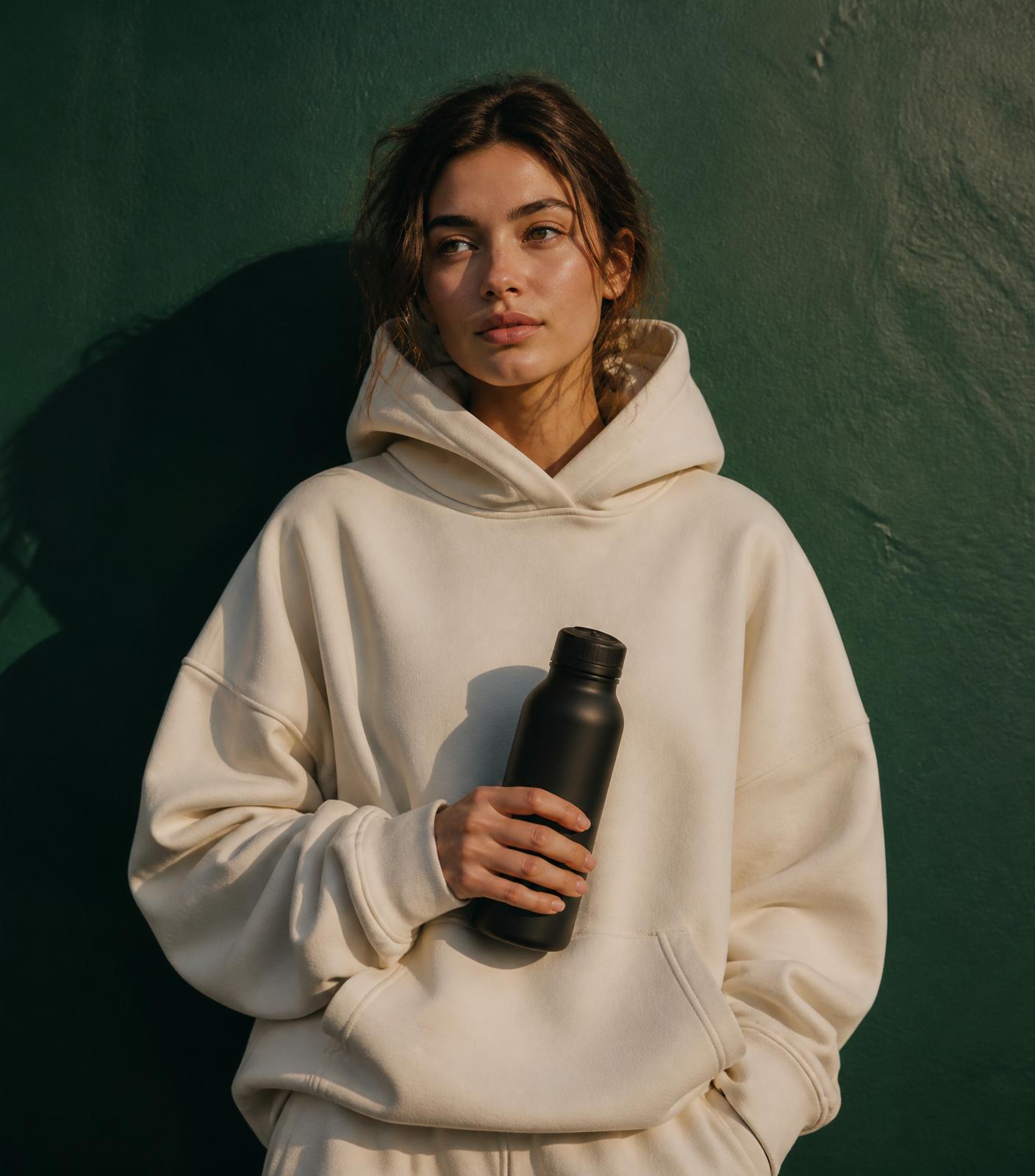 Model in a cream oversized hoodie holding a matte black insulated bottle against a forest green wall